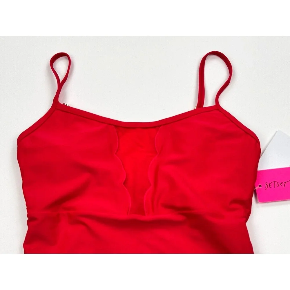 Betsy Johnson One‎ piece Sheer Panel Swim Suit Women S NWT $98 Red Stretch Nylon